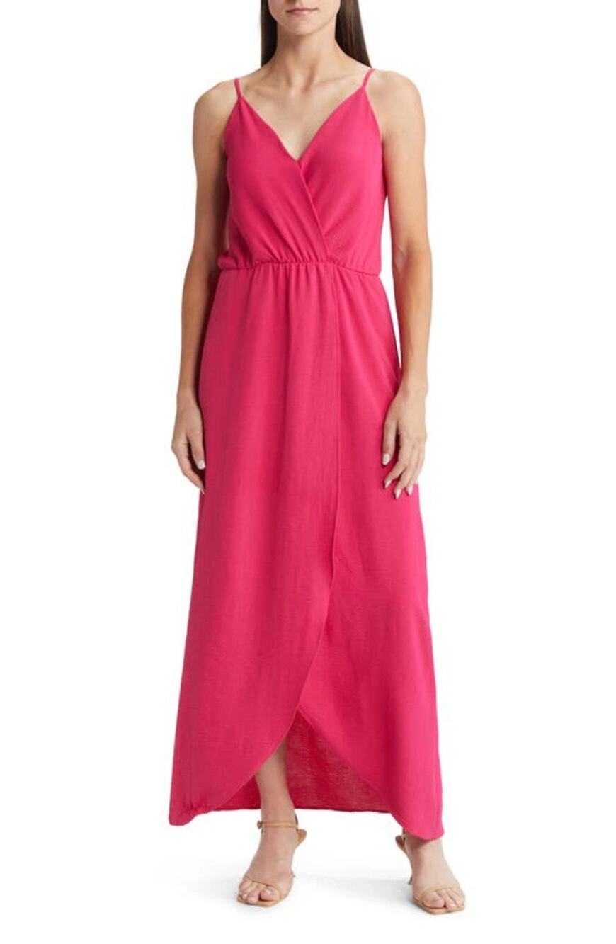 Fraiche by J Cami Elastic Waist Maxi Dress Hot Pink Sz Medium Sleeveless V-Neck